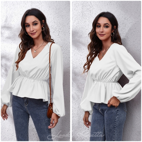 White V-Neck Peplum Top with Stylish Balloon Sleeves - Picture 3 of 9